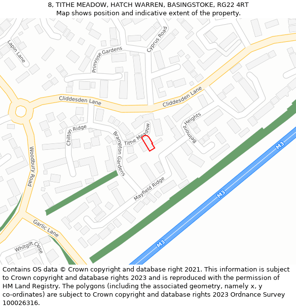 8, TITHE MEADOW, HATCH WARREN, BASINGSTOKE, RG22 4RT: Location map and indicative extent of plot