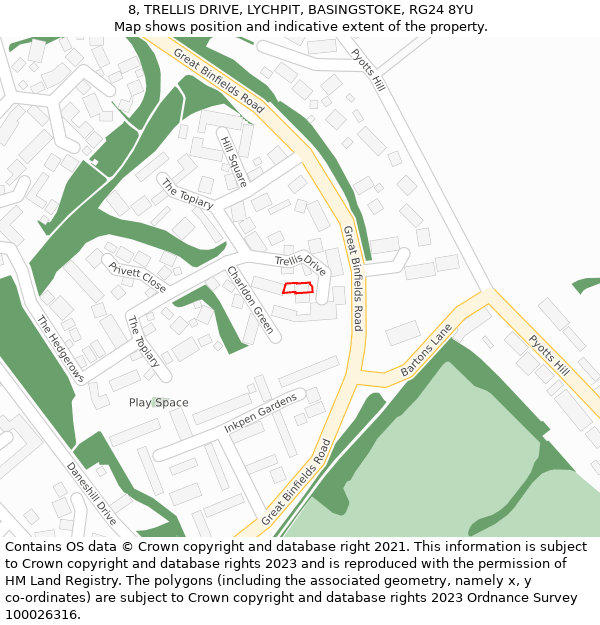 8, TRELLIS DRIVE, LYCHPIT, BASINGSTOKE, RG24 8YU: Location map and indicative extent of plot