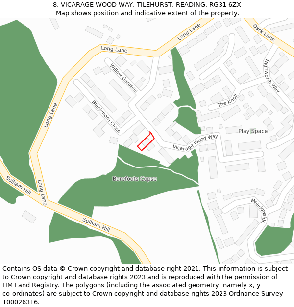 8, VICARAGE WOOD WAY, TILEHURST, READING, RG31 6ZX: Location map and indicative extent of plot