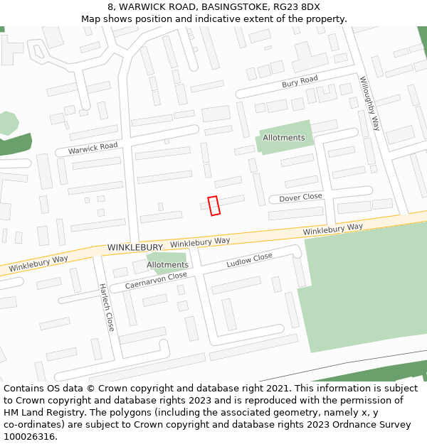 8, WARWICK ROAD, BASINGSTOKE, RG23 8DX: Location map and indicative extent of plot