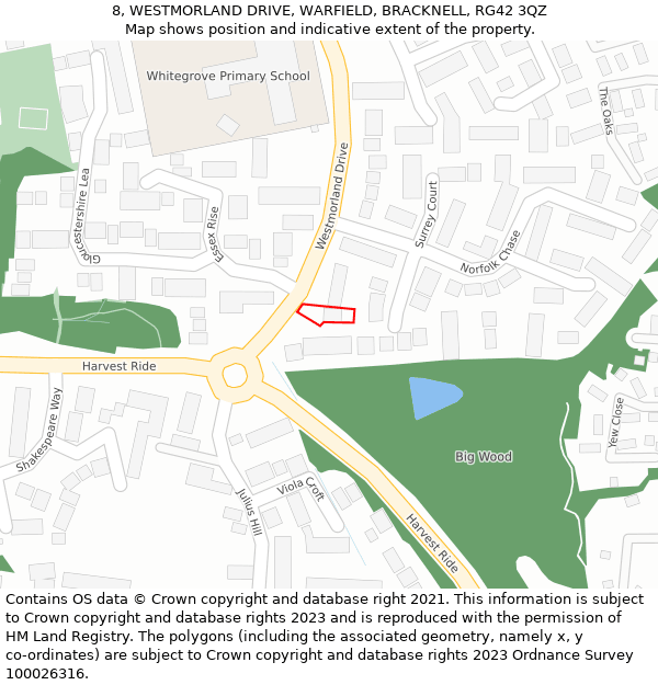 8, WESTMORLAND DRIVE, WARFIELD, BRACKNELL, RG42 3QZ: Location map and indicative extent of plot