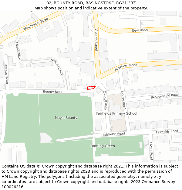 82, BOUNTY ROAD, BASINGSTOKE, RG21 3BZ: Location map and indicative extent of plot
