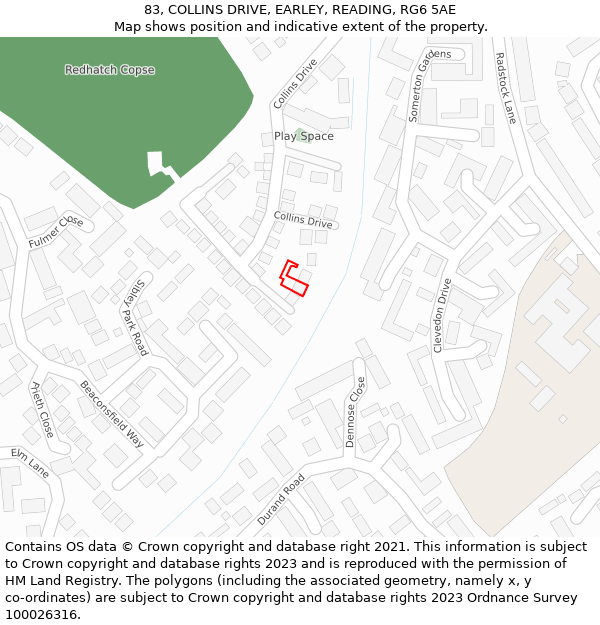 83, COLLINS DRIVE, EARLEY, READING, RG6 5AE: Location map and indicative extent of plot