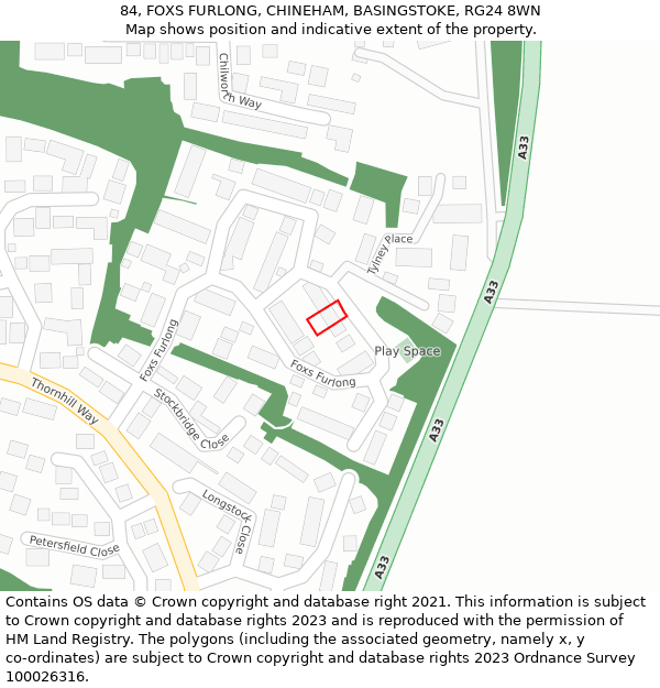 84, FOXS FURLONG, CHINEHAM, BASINGSTOKE, RG24 8WN: Location map and indicative extent of plot