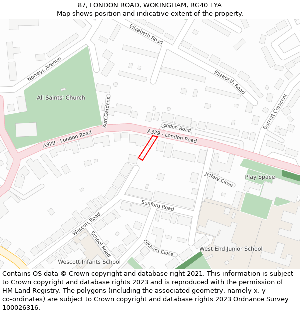 87, LONDON ROAD, WOKINGHAM, RG40 1YA: Location map and indicative extent of plot