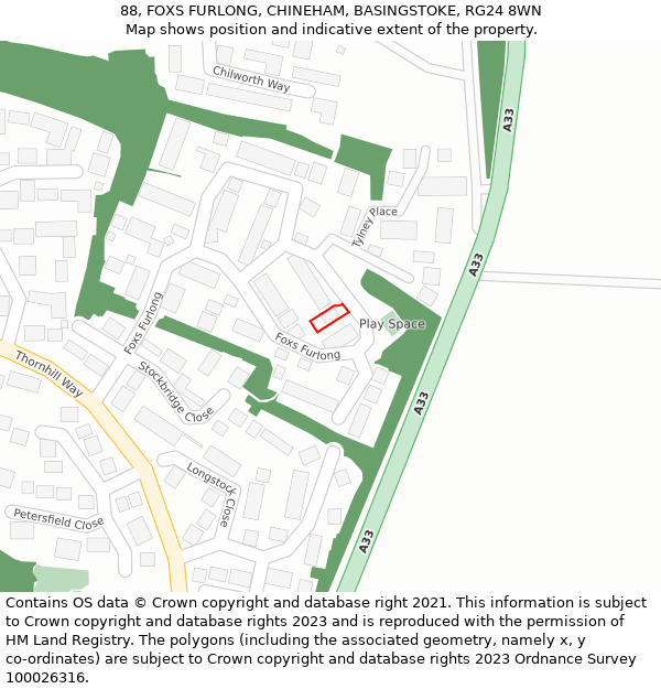 88, FOXS FURLONG, CHINEHAM, BASINGSTOKE, RG24 8WN: Location map and indicative extent of plot