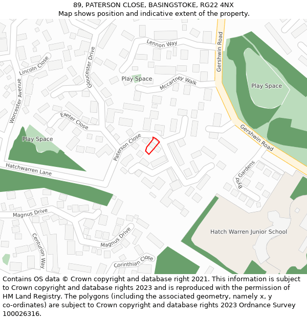 89, PATERSON CLOSE, BASINGSTOKE, RG22 4NX: Location map and indicative extent of plot