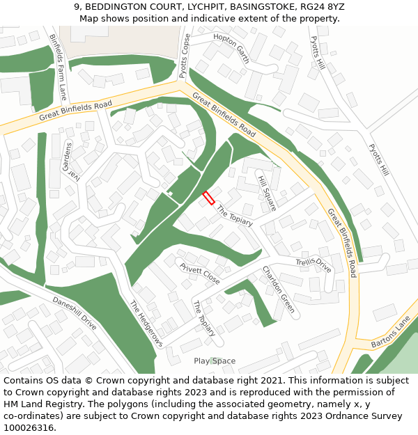 9, BEDDINGTON COURT, LYCHPIT, BASINGSTOKE, RG24 8YZ: Location map and indicative extent of plot