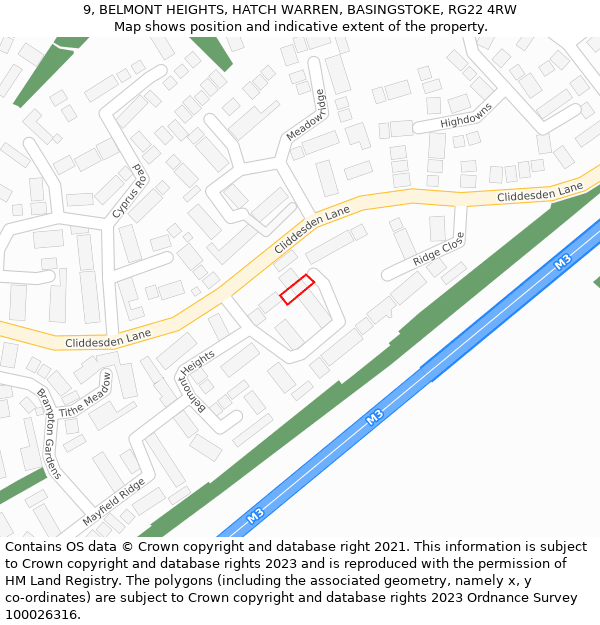 9, BELMONT HEIGHTS, HATCH WARREN, BASINGSTOKE, RG22 4RW: Location map and indicative extent of plot