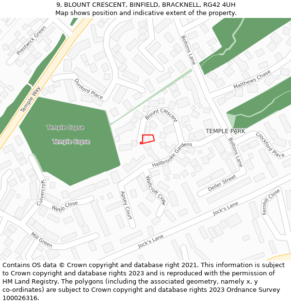 9, BLOUNT CRESCENT, BINFIELD, BRACKNELL, RG42 4UH: Location map and indicative extent of plot