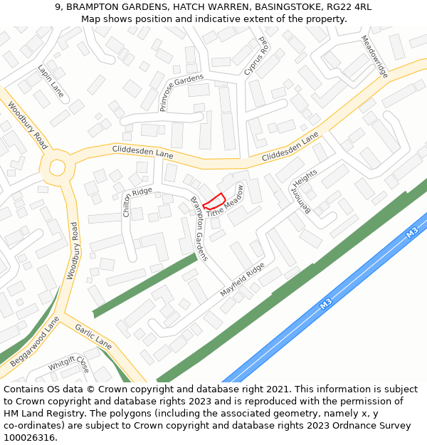 9, BRAMPTON GARDENS, HATCH WARREN, BASINGSTOKE, RG22 4RL: Location map and indicative extent of plot