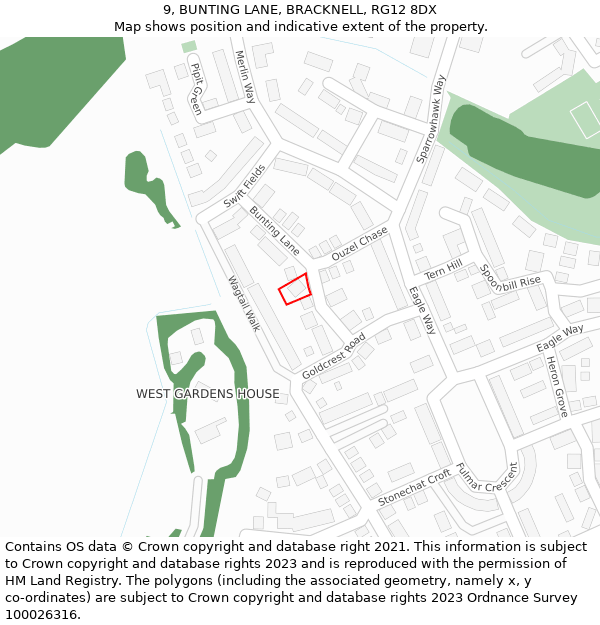 9, BUNTING LANE, BRACKNELL, RG12 8DX: Location map and indicative extent of plot