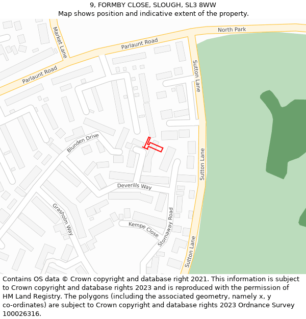 9, FORMBY CLOSE, SLOUGH, SL3 8WW: Location map and indicative extent of plot