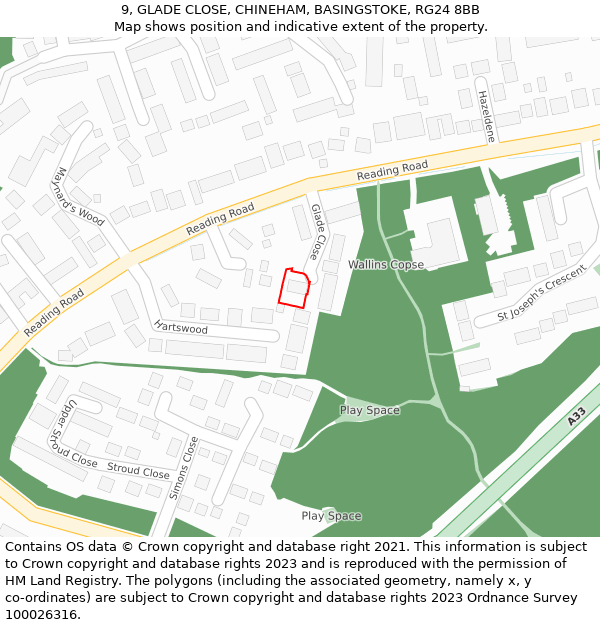 9, GLADE CLOSE, CHINEHAM, BASINGSTOKE, RG24 8BB: Location map and indicative extent of plot