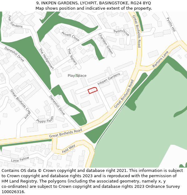 9, INKPEN GARDENS, LYCHPIT, BASINGSTOKE, RG24 8YQ: Location map and indicative extent of plot