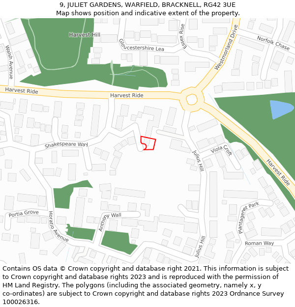 9, JULIET GARDENS, WARFIELD, BRACKNELL, RG42 3UE: Location map and indicative extent of plot