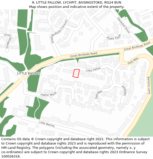 9, LITTLE FALLOW, LYCHPIT, BASINGSTOKE, RG24 8UN: Location map and indicative extent of plot