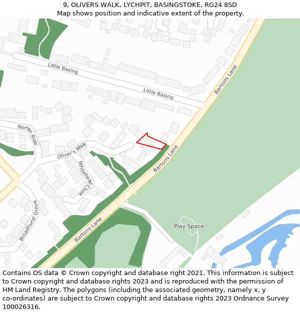 9, OLIVERS WALK, LYCHPIT, BASINGSTOKE, RG24 8SD: Location map and indicative extent of plot