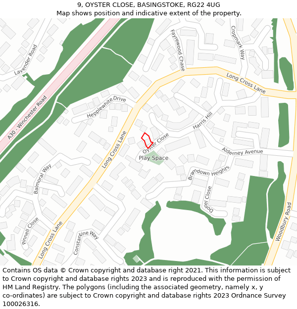 9, OYSTER CLOSE, BASINGSTOKE, RG22 4UG: Location map and indicative extent of plot