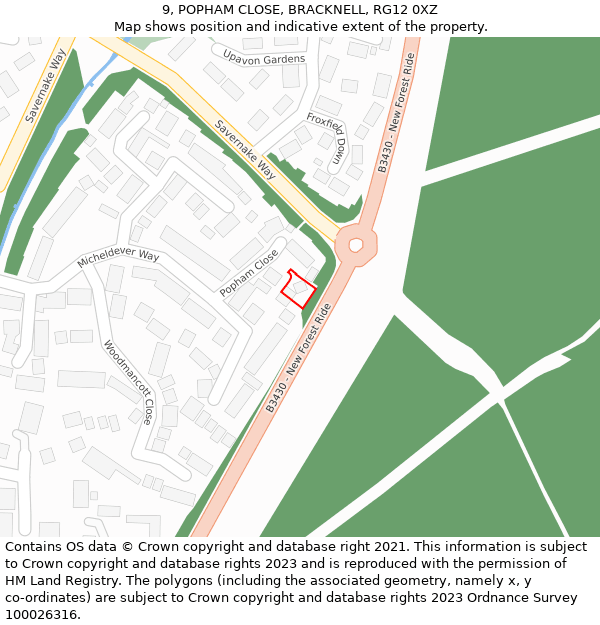 9, POPHAM CLOSE, BRACKNELL, RG12 0XZ: Location map and indicative extent of plot
