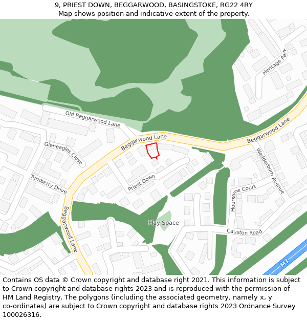 9, PRIEST DOWN, BEGGARWOOD, BASINGSTOKE, RG22 4RY: Location map and indicative extent of plot