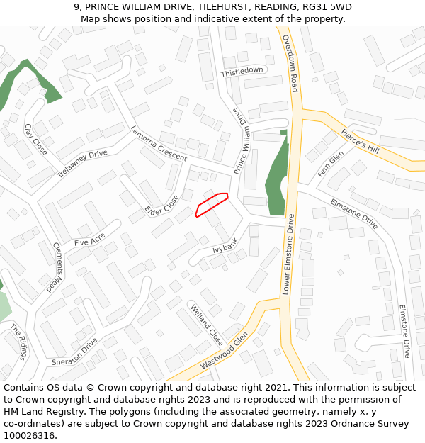 9, PRINCE WILLIAM DRIVE, TILEHURST, READING, RG31 5WD: Location map and indicative extent of plot