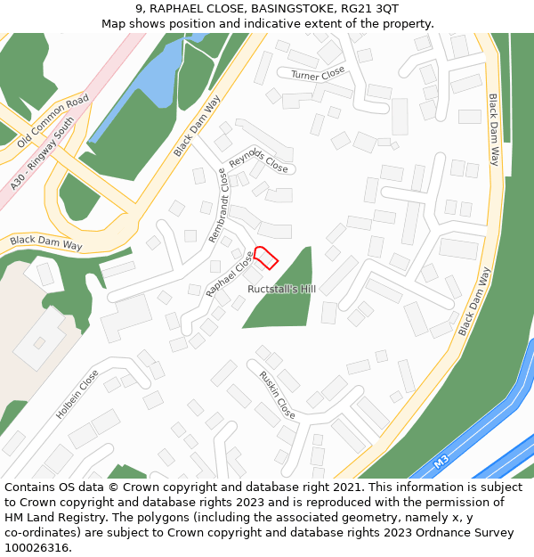 9, RAPHAEL CLOSE, BASINGSTOKE, RG21 3QT: Location map and indicative extent of plot