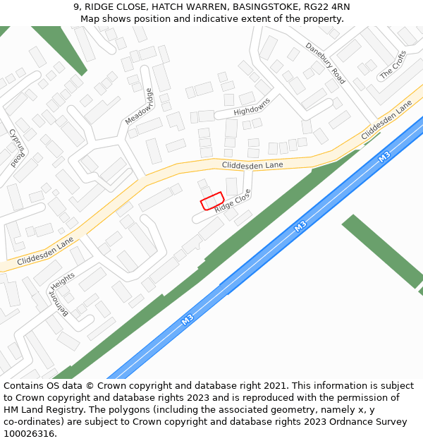 9, RIDGE CLOSE, HATCH WARREN, BASINGSTOKE, RG22 4RN: Location map and indicative extent of plot