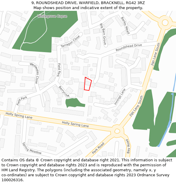 9, ROUNDSHEAD DRIVE, WARFIELD, BRACKNELL, RG42 3RZ: Location map and indicative extent of plot