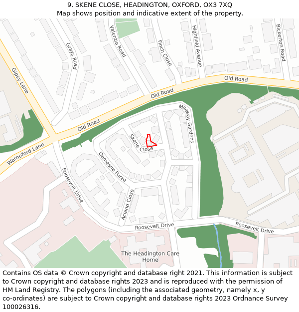 9, SKENE CLOSE, HEADINGTON, OXFORD, OX3 7XQ: Location map and indicative extent of plot