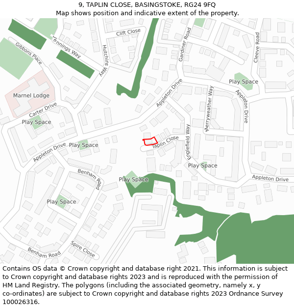 9, TAPLIN CLOSE, BASINGSTOKE, RG24 9FQ: Location map and indicative extent of plot