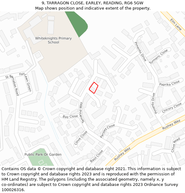 9, TARRAGON CLOSE, EARLEY, READING, RG6 5GW: Location map and indicative extent of plot