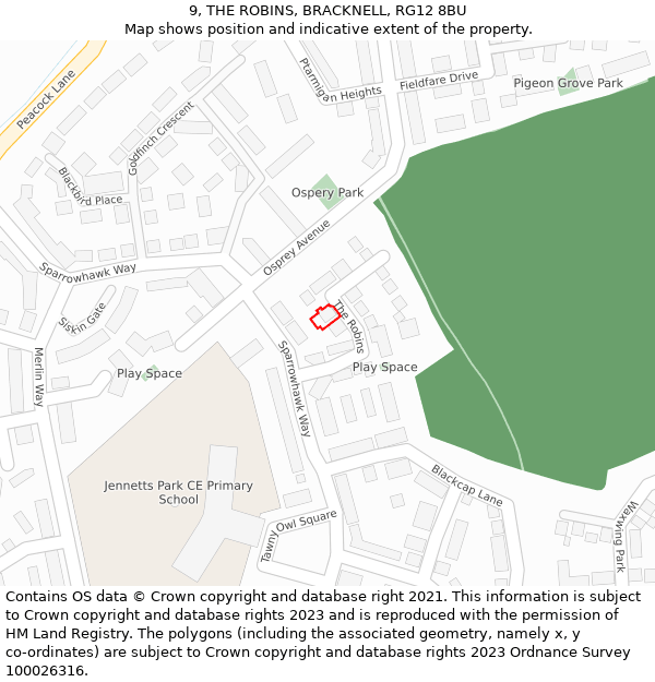 9, THE ROBINS, BRACKNELL, RG12 8BU: Location map and indicative extent of plot