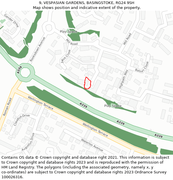 9, VESPASIAN GARDENS, BASINGSTOKE, RG24 9SH: Location map and indicative extent of plot