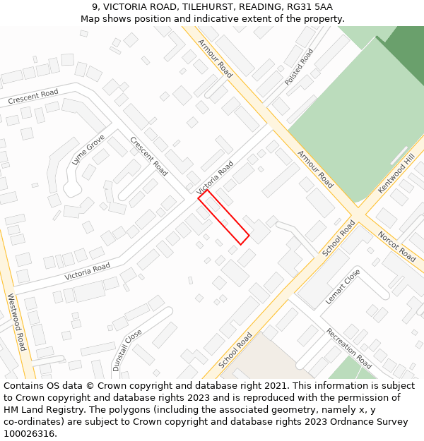9, VICTORIA ROAD, TILEHURST, READING, RG31 5AA: Location map and indicative extent of plot