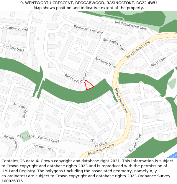 9, WENTWORTH CRESCENT, BEGGARWOOD, BASINGSTOKE, RG22 4WU: Location map and indicative extent of plot