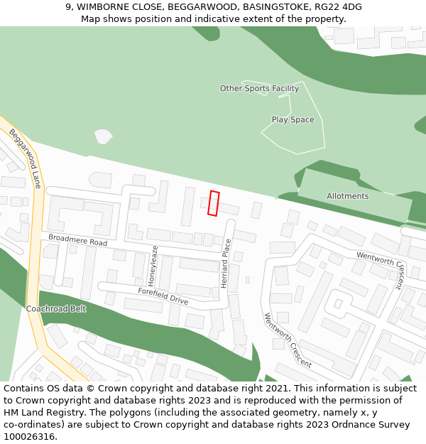 9, WIMBORNE CLOSE, BEGGARWOOD, BASINGSTOKE, RG22 4DG: Location map and indicative extent of plot