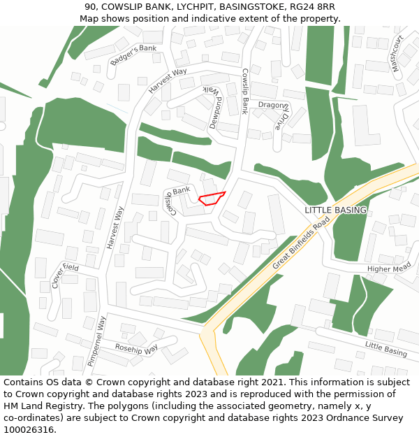 90, COWSLIP BANK, LYCHPIT, BASINGSTOKE, RG24 8RR: Location map and indicative extent of plot