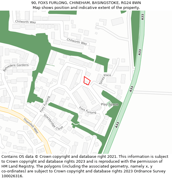 90, FOXS FURLONG, CHINEHAM, BASINGSTOKE, RG24 8WN: Location map and indicative extent of plot