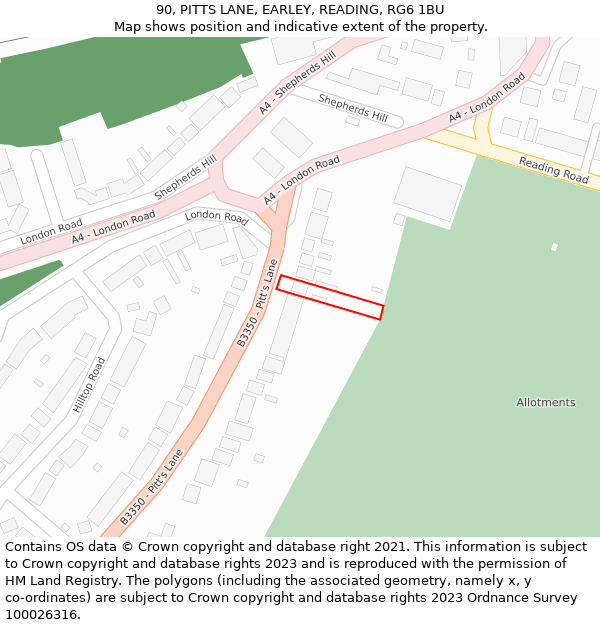 90, PITTS LANE, EARLEY, READING, RG6 1BU: Location map and indicative extent of plot