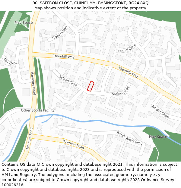 90, SAFFRON CLOSE, CHINEHAM, BASINGSTOKE, RG24 8XQ: Location map and indicative extent of plot