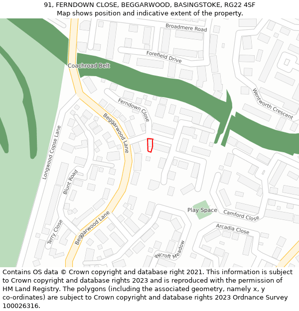 91, FERNDOWN CLOSE, BEGGARWOOD, BASINGSTOKE, RG22 4SF: Location map and indicative extent of plot