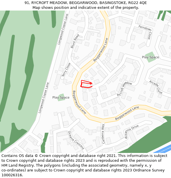 91, RYCROFT MEADOW, BEGGARWOOD, BASINGSTOKE, RG22 4QE: Location map and indicative extent of plot