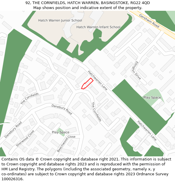 92, THE CORNFIELDS, HATCH WARREN, BASINGSTOKE, RG22 4QD: Location map and indicative extent of plot