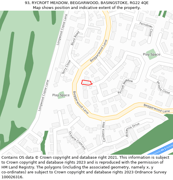 93, RYCROFT MEADOW, BEGGARWOOD, BASINGSTOKE, RG22 4QE: Location map and indicative extent of plot