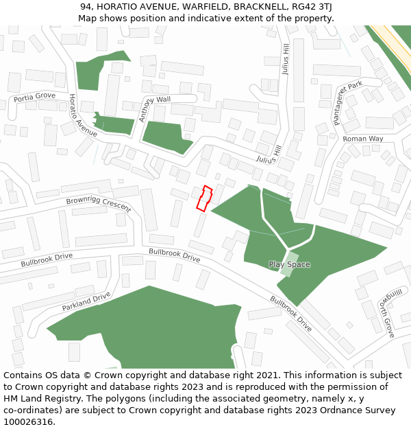 94, HORATIO AVENUE, WARFIELD, BRACKNELL, RG42 3TJ: Location map and indicative extent of plot