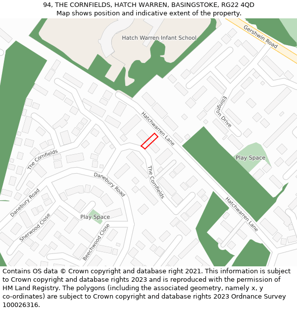 94, THE CORNFIELDS, HATCH WARREN, BASINGSTOKE, RG22 4QD: Location map and indicative extent of plot