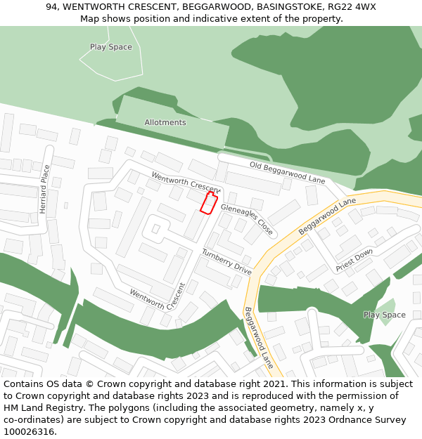 94, WENTWORTH CRESCENT, BEGGARWOOD, BASINGSTOKE, RG22 4WX: Location map and indicative extent of plot