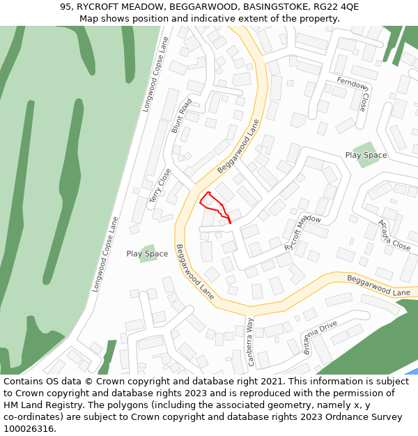 95, RYCROFT MEADOW, BEGGARWOOD, BASINGSTOKE, RG22 4QE: Location map and indicative extent of plot