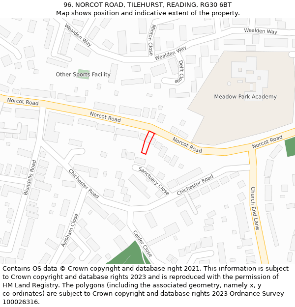 96, NORCOT ROAD, TILEHURST, READING, RG30 6BT: Location map and indicative extent of plot